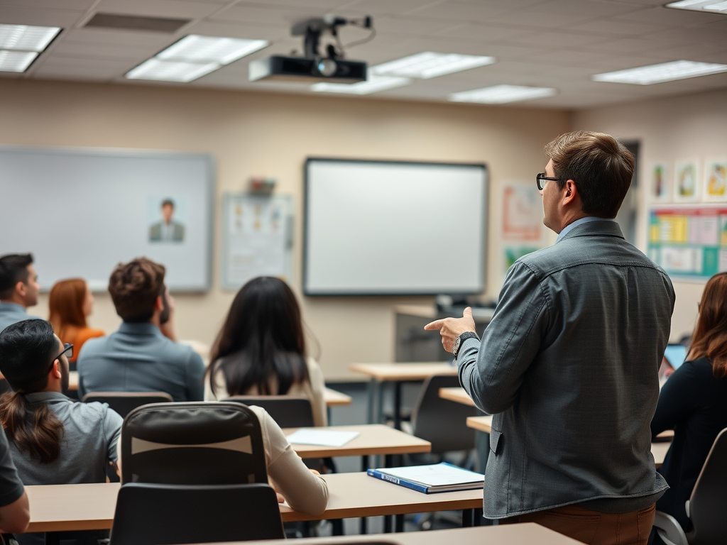 На занятии студенты слушают лекцию, преподаватель стоит спиной к камере и объясняет материал.