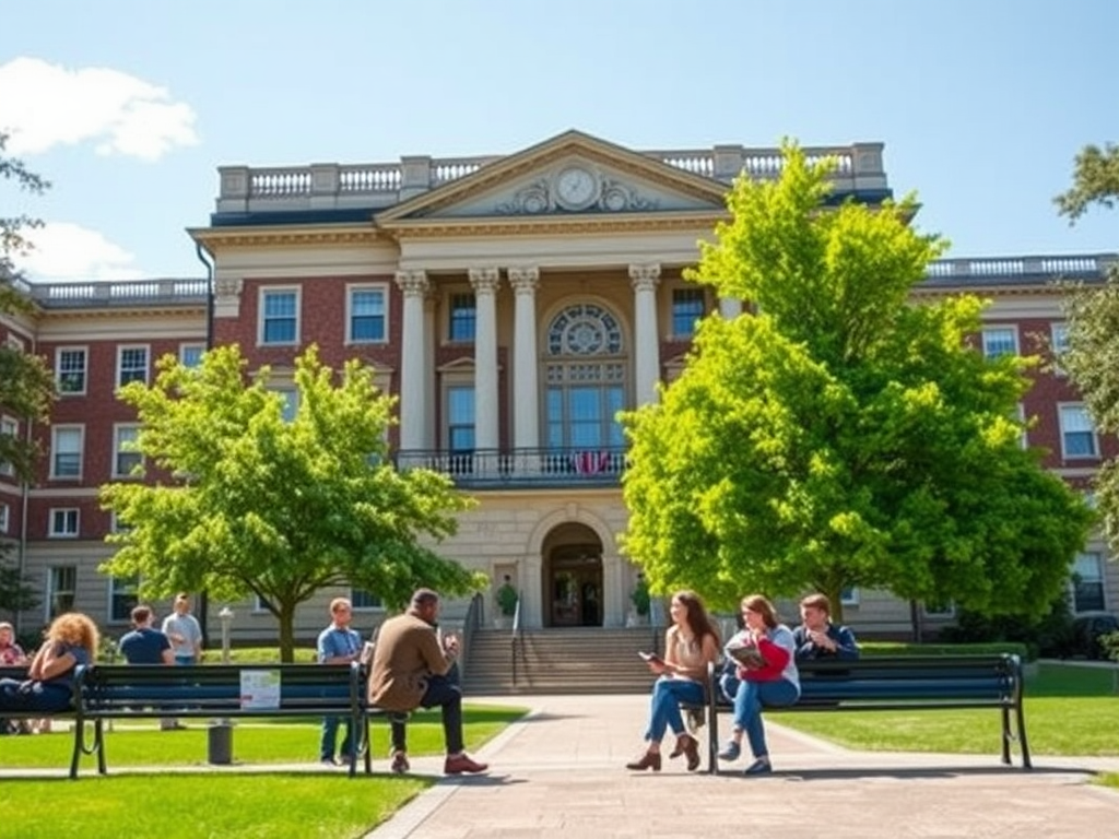 На солнечном campus студенты отдыхают на скамейках перед зданием университета.