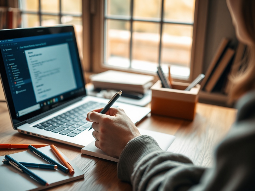 Человек с ручкой записывает заметки на блокноте, рядом с ноутбуком и канцелярскими принадлежностями.