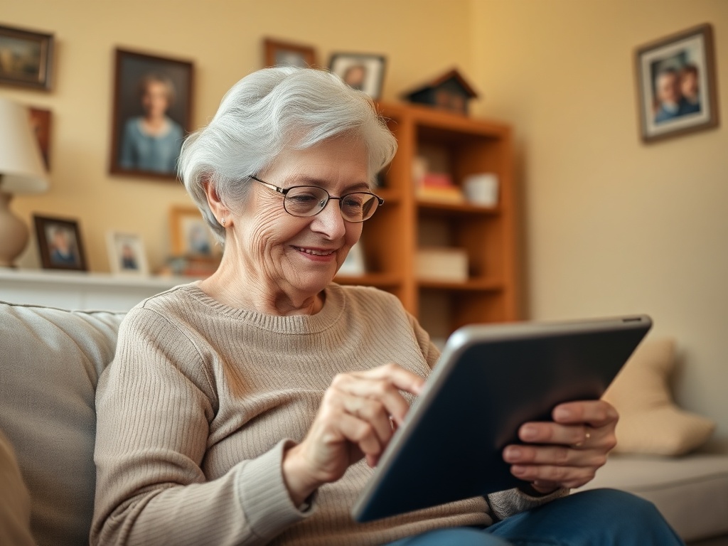 Пожилая женщина с планшетом улыбается, сидя на диване в уютной комнате с фотографиями на стенах.