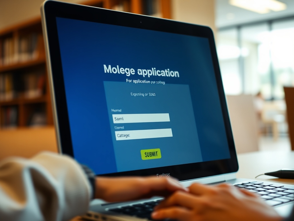 На экране компьютера форма для подачи заявки в колледж с полями для имени и категории.