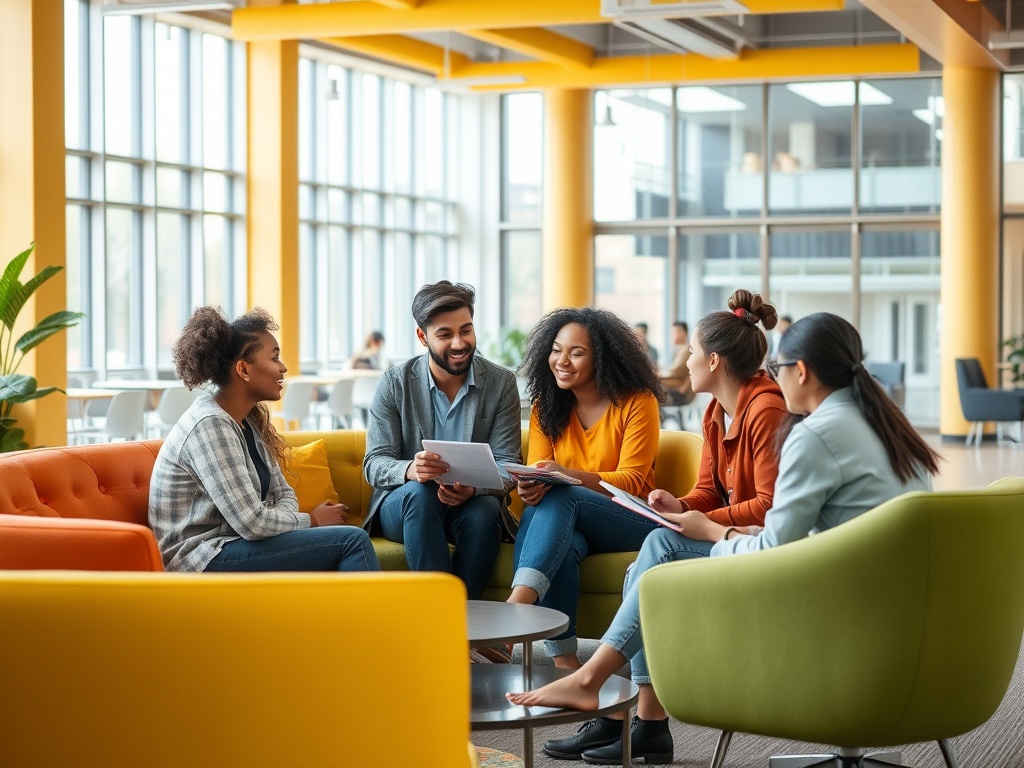 Группа людей сидит в ярком помещении и обсуждает идеи, оживленно общаясь друг с другом.