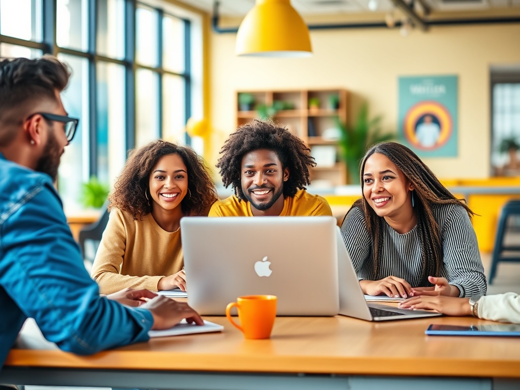Четыре человека смотрят на экран ноутбука, улыбаются и обсуждают, сидя за столом в ярком офисе.