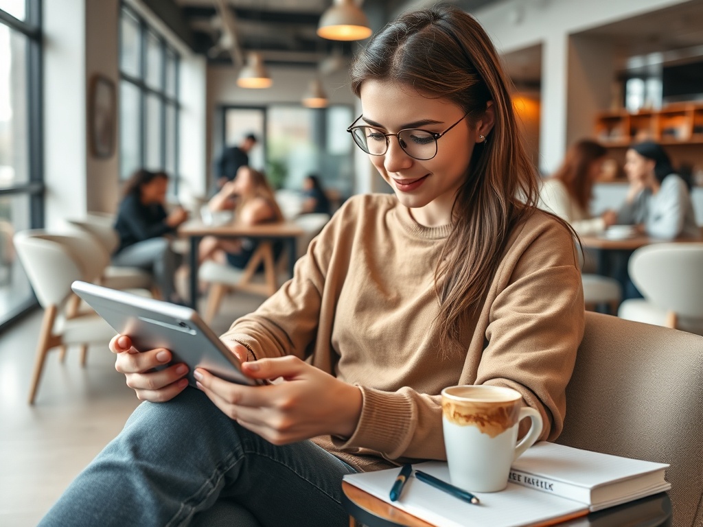 Девушка в свитере сидит в кафе с планшетом, чашкой кофе и блокнотом на столе. Вокруг много людей.