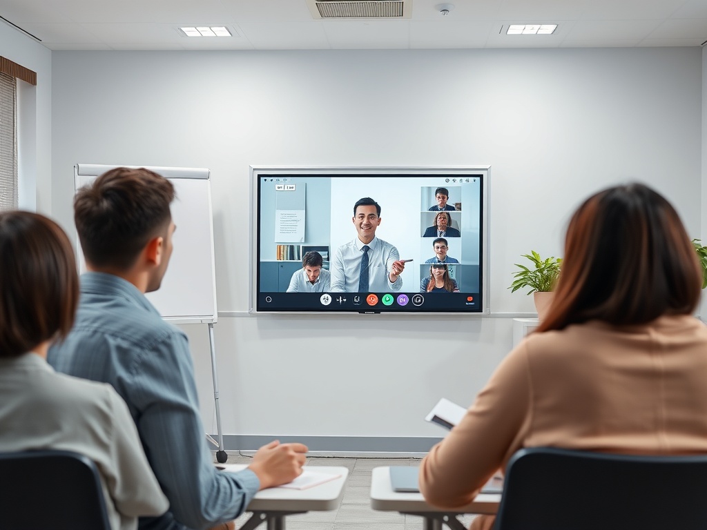 На изображении люди участвуют в онлайн-совещании, слушая выступающего на экране.