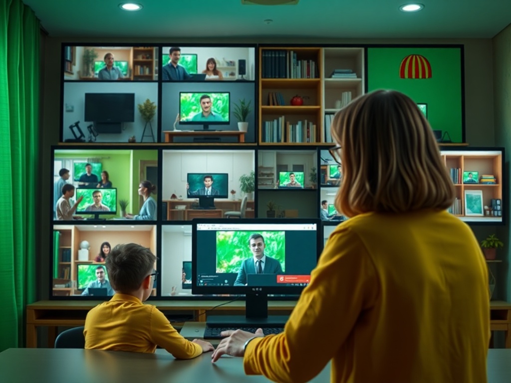 На изображении ребенок и взрослый смотрят на несколько экранов с видеозвонками в уютной комнате.