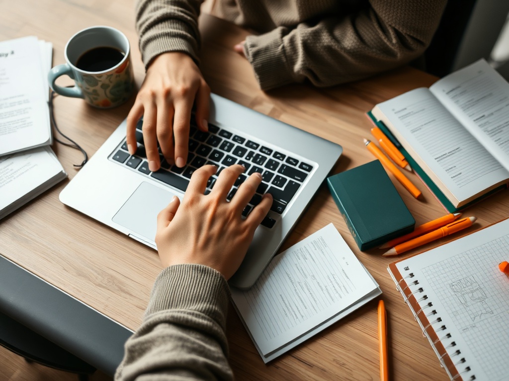 На столе ноутбук, чашка кофе и канцелярские принадлежности, два человека работают над проектом.