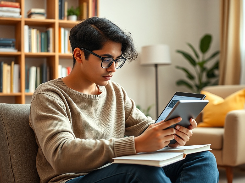 Молодой человек читает на планшете, сидя на диване с книгами и книгами на заднем плане.