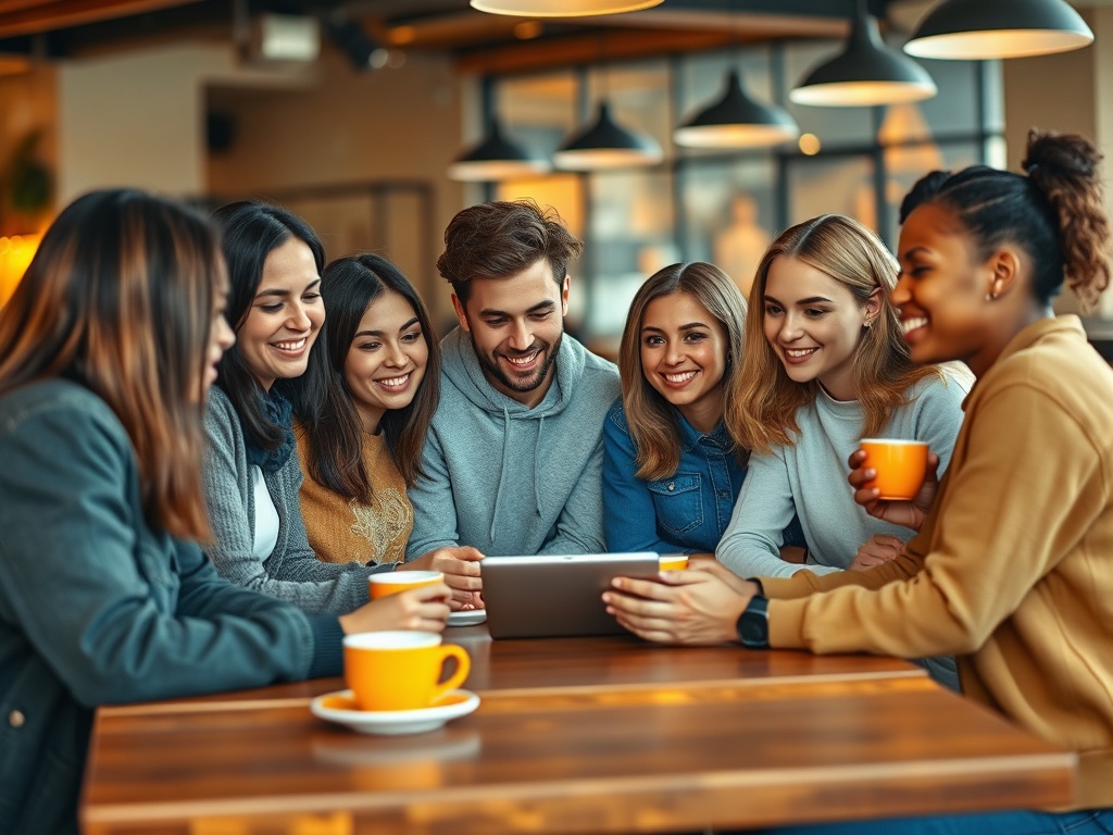 Группа молодых людей сидит за столом, смотря на планшет и наслаждаясь напитками в уютном кафе.