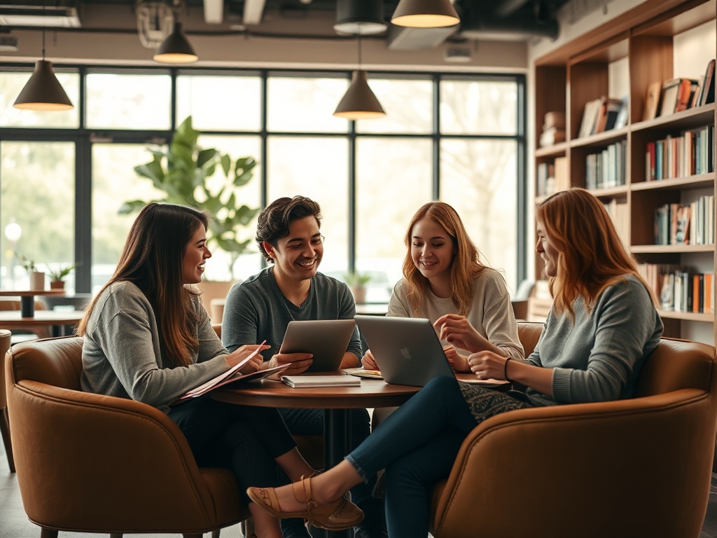 Четыре человека сидят за столом, обсуждая идеи и работая на ноутбуке и планшете в уютном кафе.