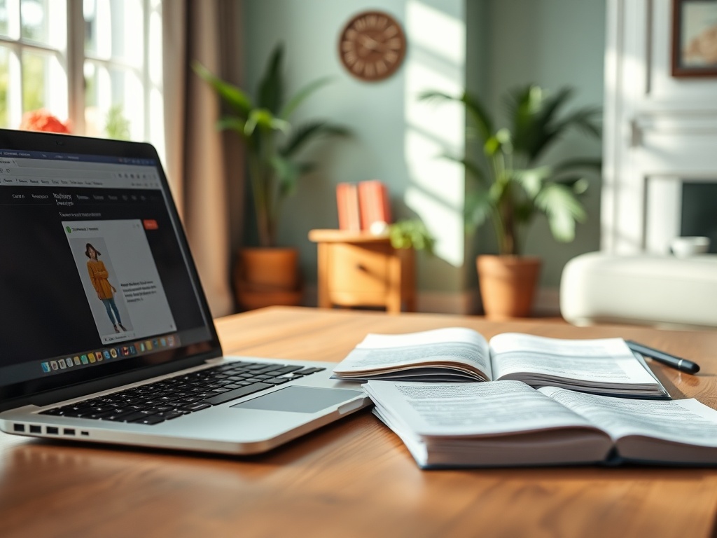На столе ноутбук и открытые книги, в комнате солнечный свет и зеленые растения. Атмосфера учебы и уюта.