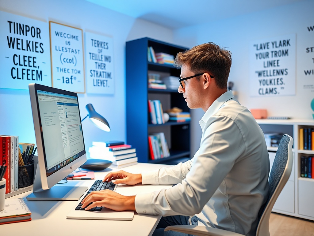 Мужчина за компьютером в современном офисе, окружённом книгами и постерами с текстами.