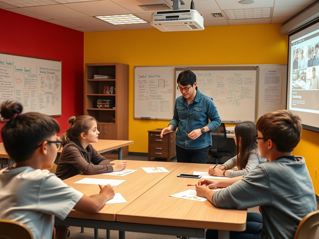 На уроке ученики внимательно слушают преподавателя в классе с яркими стенами.