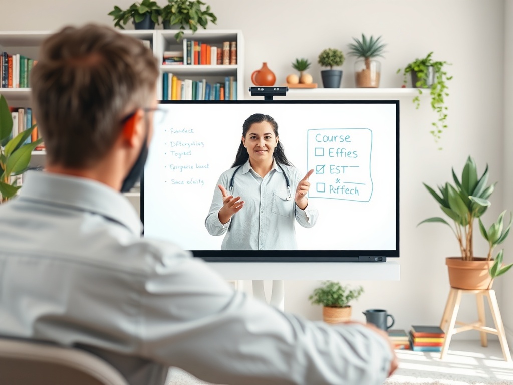 На экране виртуального урока лекция женщины, обучающей по различным темам, в уютной комнате.