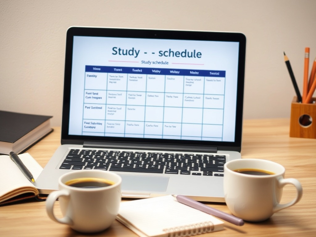 На столе лежит ноутбук с расписанием занятий, две чашки кофе и блокнот с ручкой.