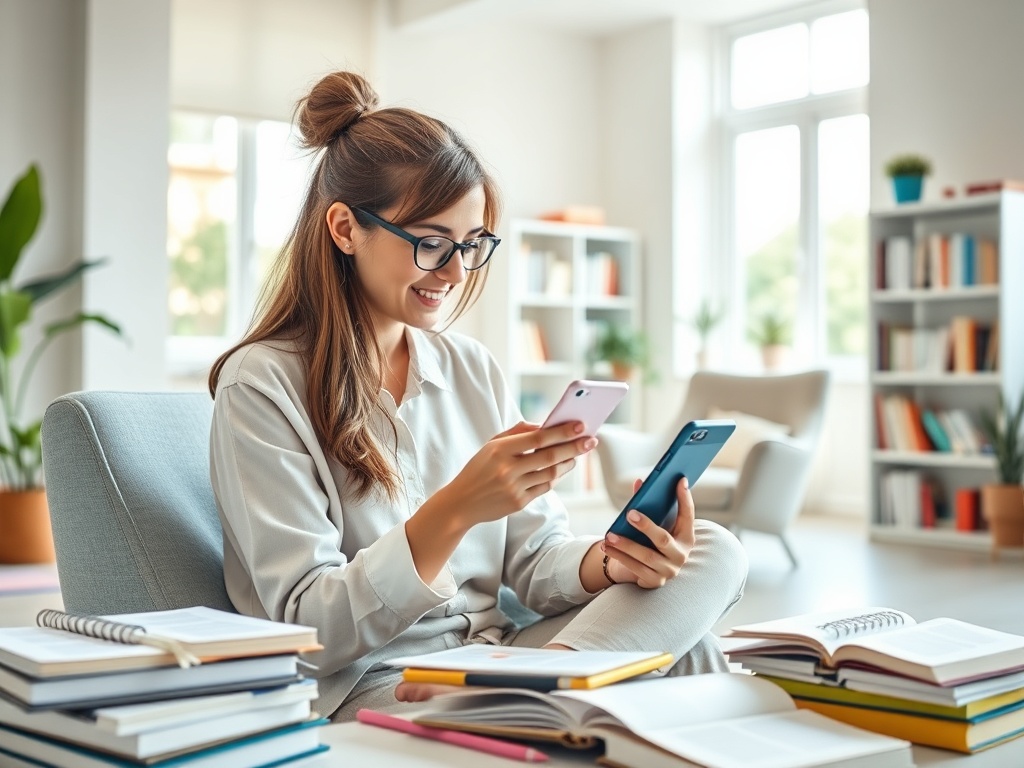 Молодая женщина в очках улыбается, держа телефон в каждой руке, сидя среди книг в уютном кабинете.
