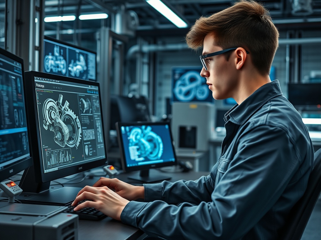 Молодой человек работает за компьютером в лаборатории, проектируя механические детали на экране.