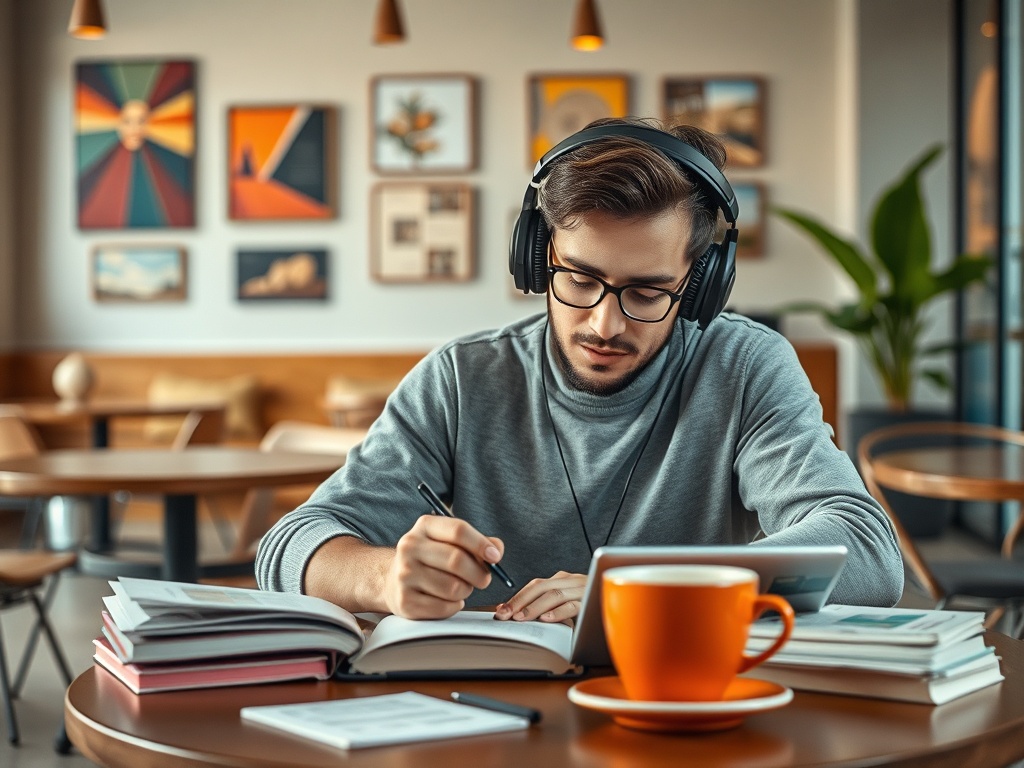 Молодой человек в наушниках учится в кафе, перед ним книги и чашка кофе. Вокруг уютная обстановка.