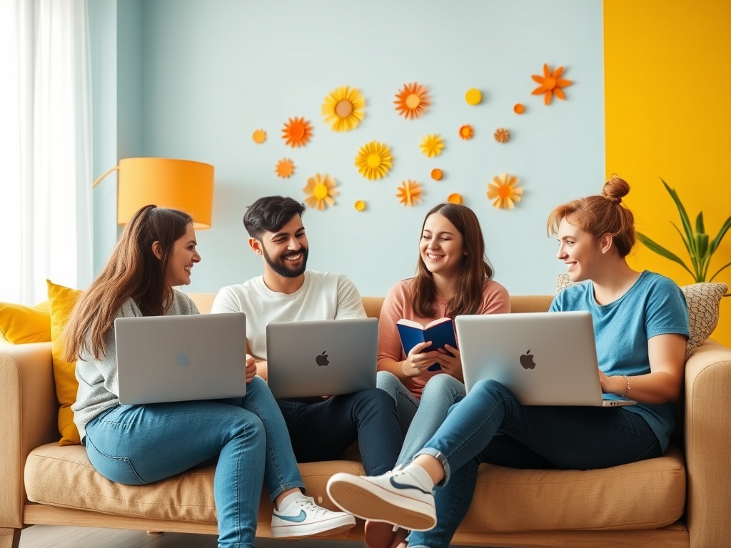 Четыре молодые человека сидят на диване, смеются и читают, рядом с ними ноутбуки. Яркий интерьер.