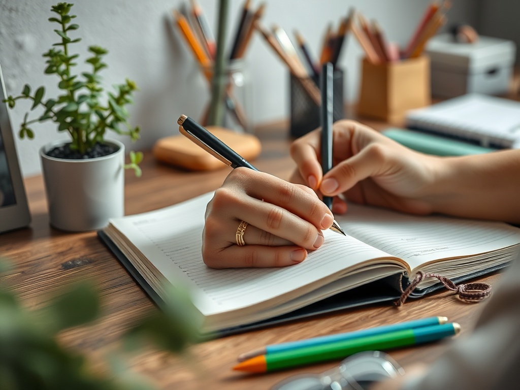 Человек пишет в блокноте, держа ручку и карандаш. На столе видны растения и канцелярские принадлежности.