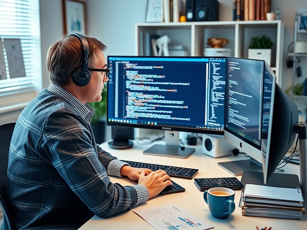 Человек в наушниках работает за компьютером, программируя на двух экранах с чашкой кофе рядом.