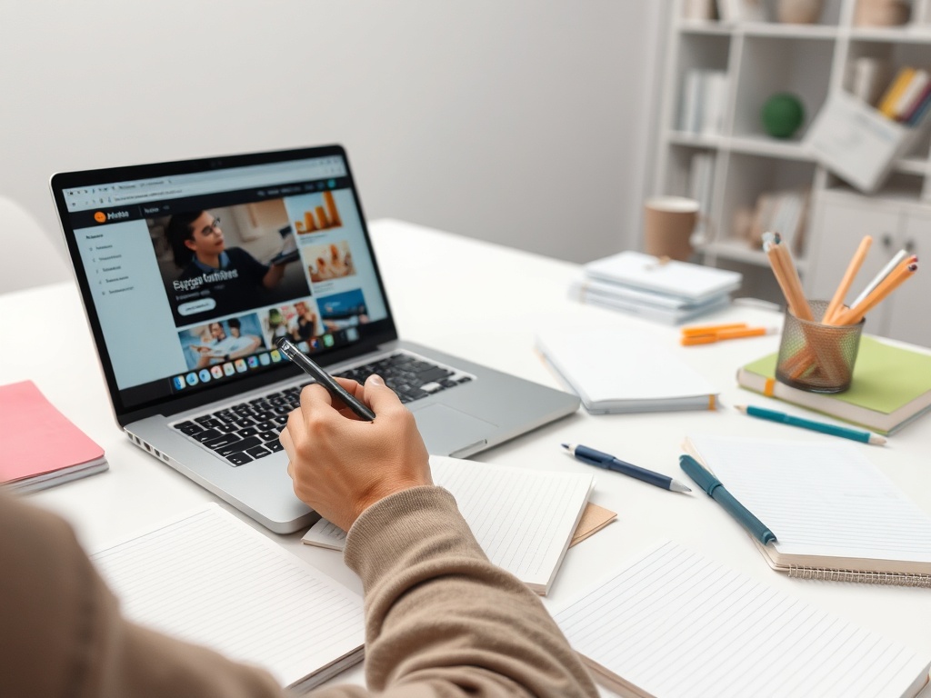 На столе ноутбук, блокноты и ручки. Человек записывает что-то, используя компьютер.