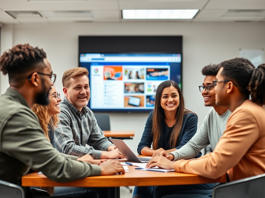 Группа людей обсуждает идеи за столом в классе, на фоне экран с презентацией. Все улыбаются и активно участвуют.