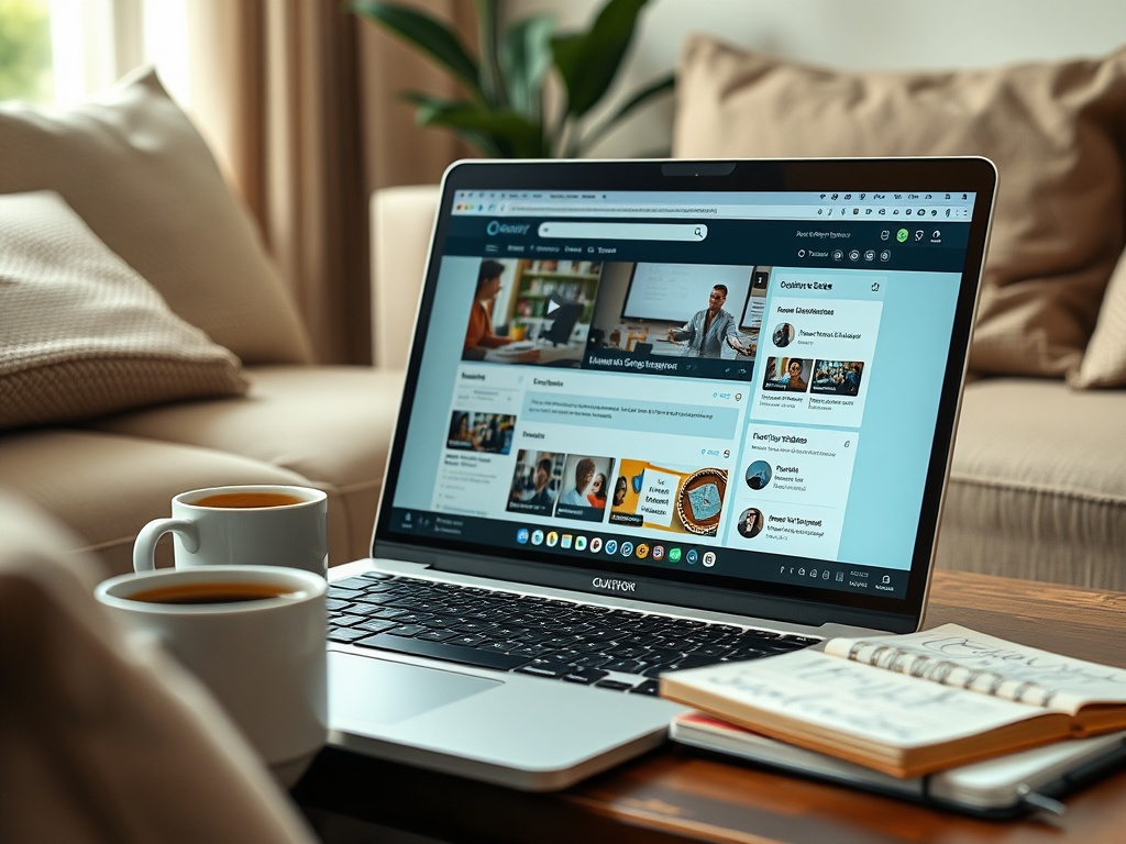 На столе стоят две чашки кофе рядом с ноутбуком, на экране которого открыта образовательная платформа.