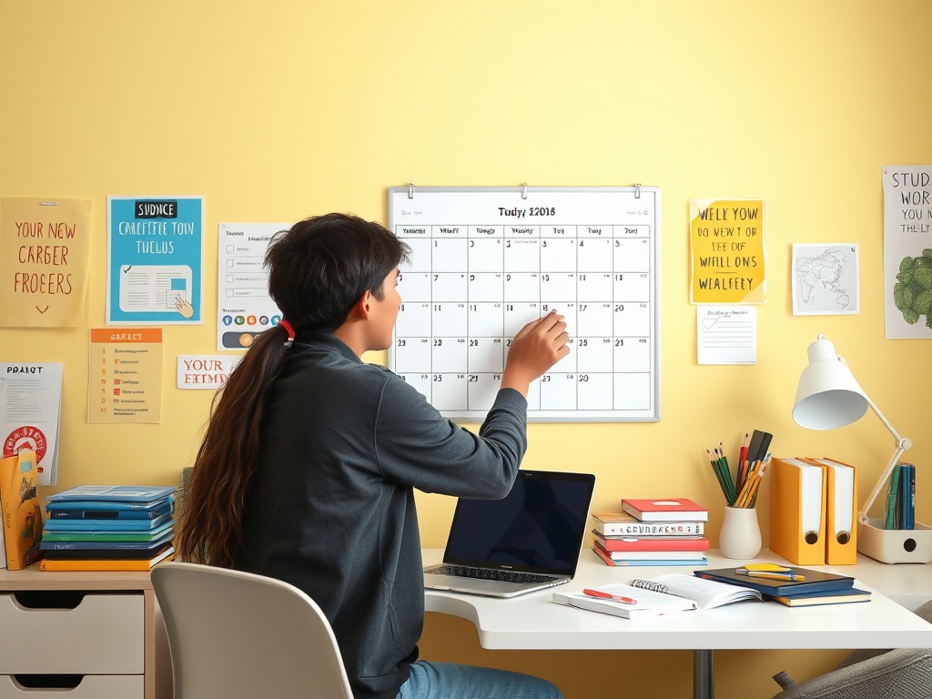 На столе с желтыми стенами человек в рубашке отмечает важные события в календаре. Вокруг много учебных материалов.