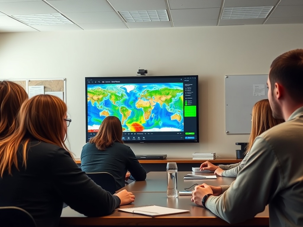Группа людей внимательно смотрит на экран с карта мира в учебной аудитории.