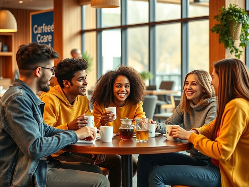 Группа молодых людей в кафе, смеются и наслаждаются кофе в уютной обстановке.