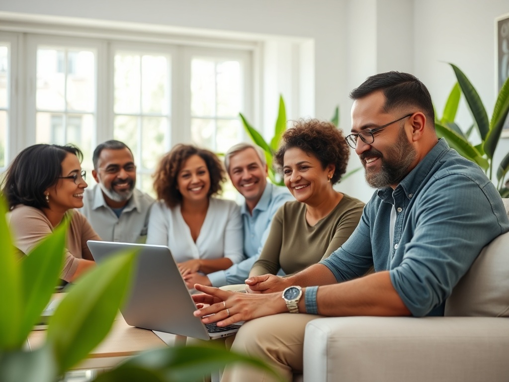 Шестеро людей за столом, работающих за ноутбуком, выглядят дружелюбно и увлечённо. Зеленые растения вокруг.