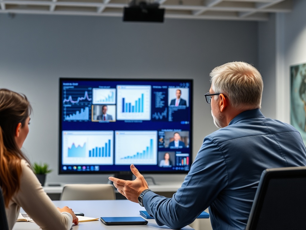 Два человека обсуждают данные на большом экране с графиками в современном офисе.