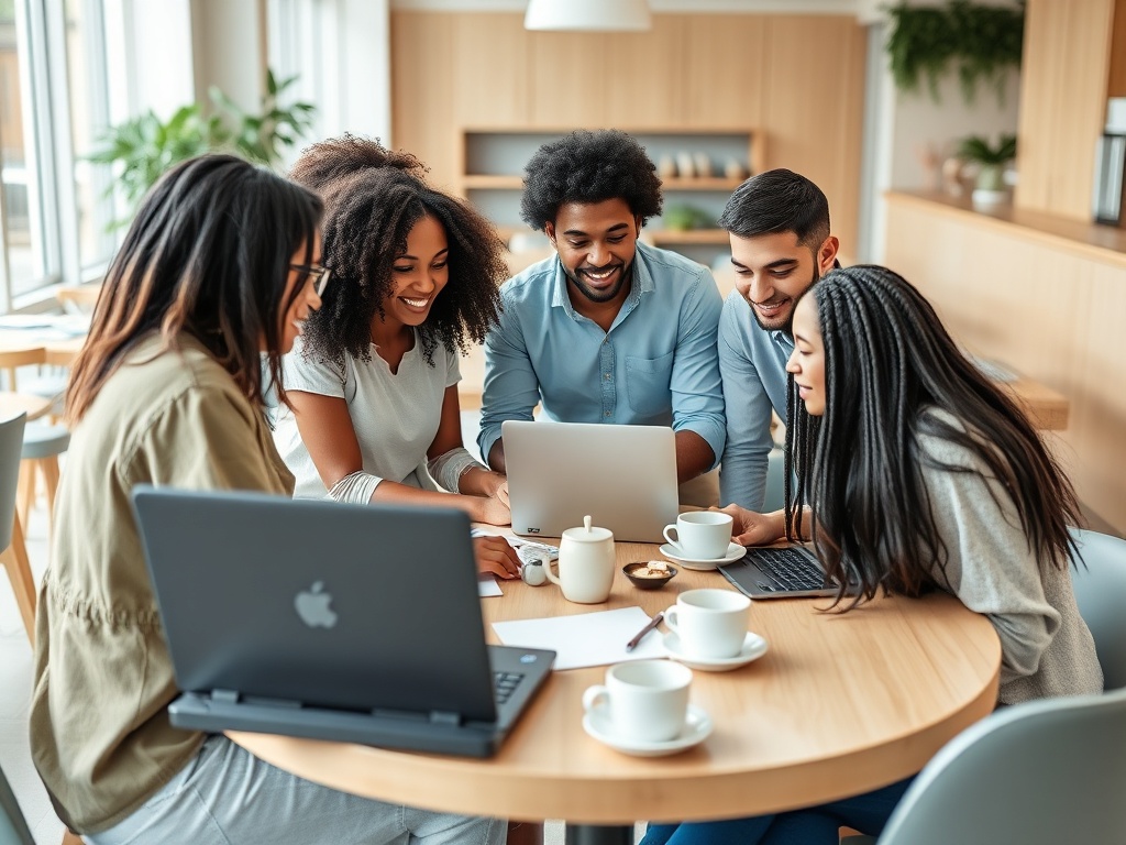 Шестеро молодых людей за столом, работают с ноутбуками и обсуждают идеи, на столе чашки с кофе.