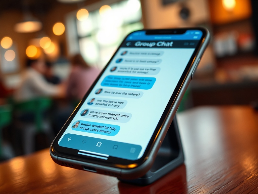 На экране смартфона показан групповой чат с обсуждением места для встречи и кофе.
