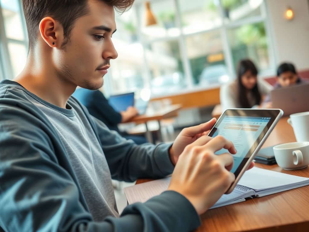 Мужчина использует планшет для работы в кафе, на фоне другие посетители с ноутбуками.