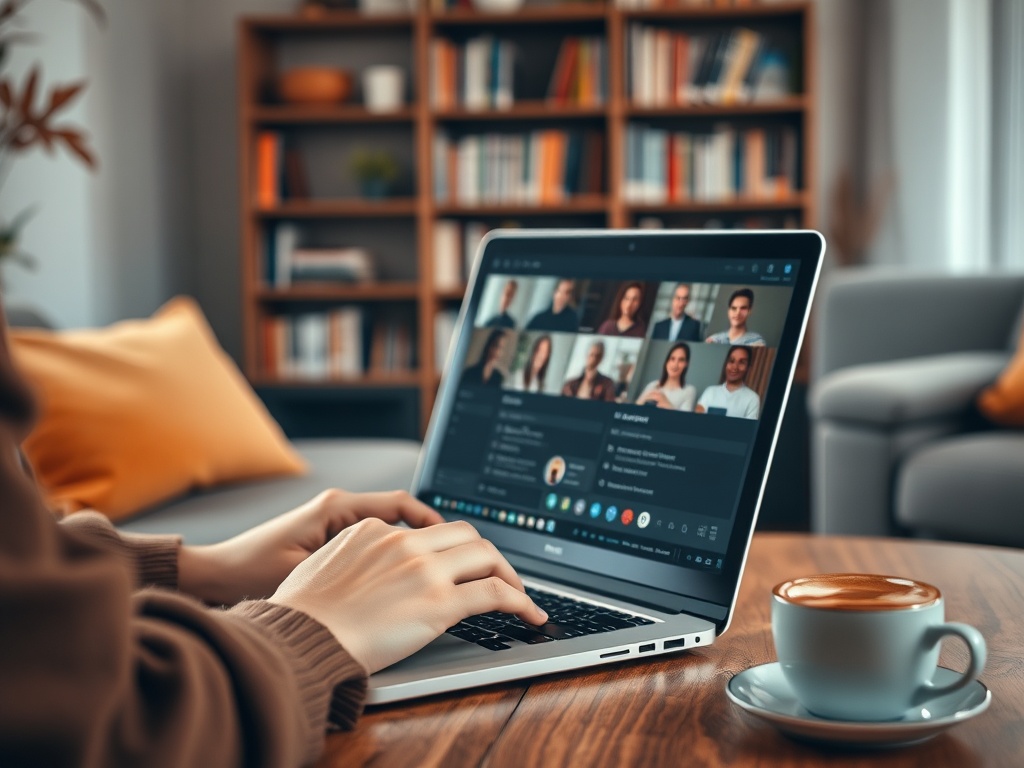 Человек за ноутбуком участвует в видеоконференции, рядом чашка кофе, в фоне книжный шкаф.