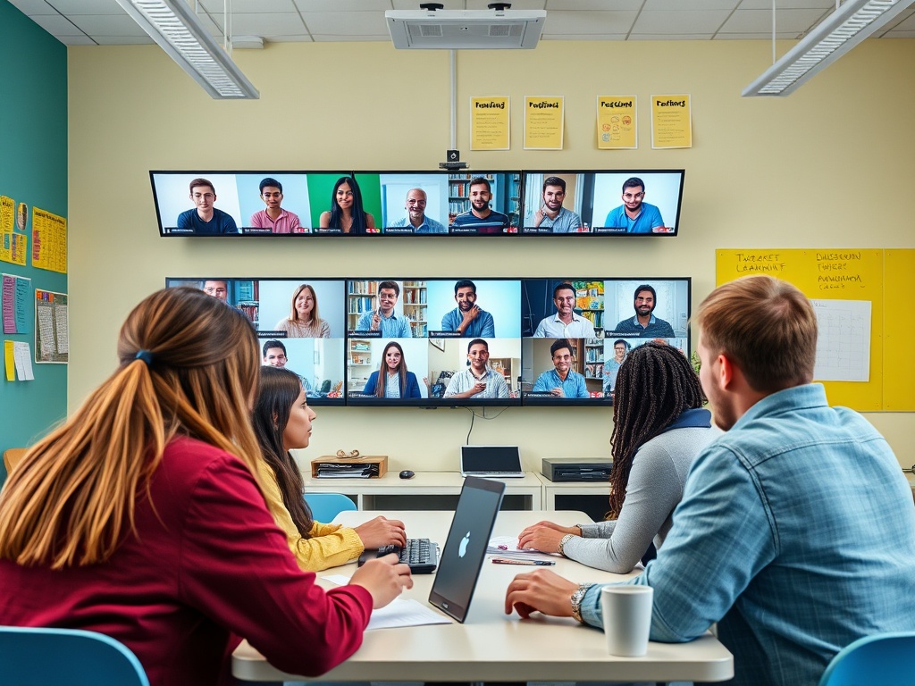 Группа людей участвует в видеоконференции, наблюдая за несколькими экранами с участниками.