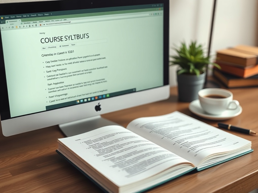 На столе компьютер с открытым курсом, рядом книга, чашка кофе и небольшое растение.