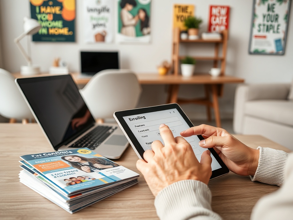 На изображении человек использует планшет в уютном офисе с ноутбуком и рекламными буклетами на столе.