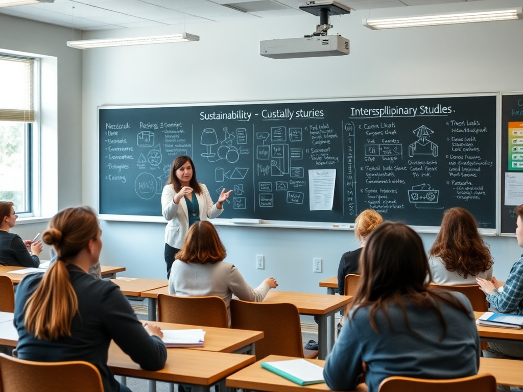 Учительница проводит занятие в классе, объясняя темы устойчивого развития и междисциплинарных исследований.