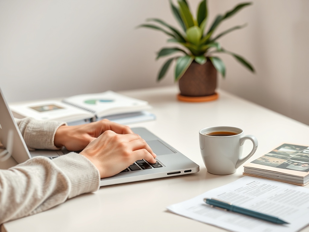 На столе лежит ноутбук, чашка кофе и блокнот. Человек печатает на клавиатуре. Растение на заднем плане.