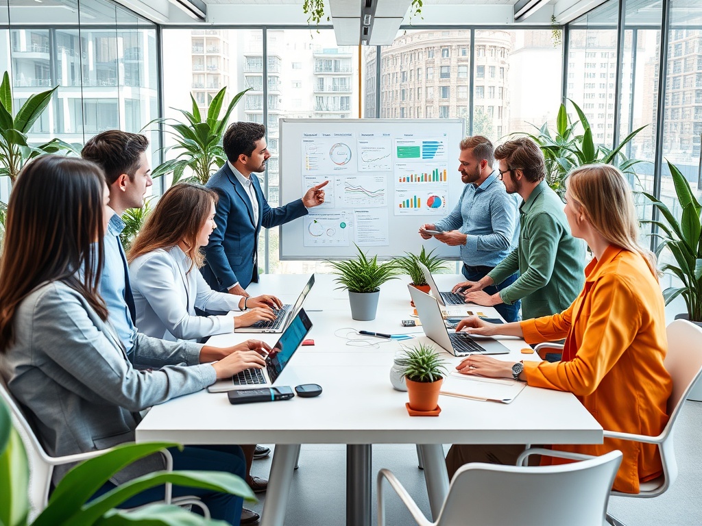 Группа людей обсуждает данные на презентации в современном офисе с зелеными растениями.