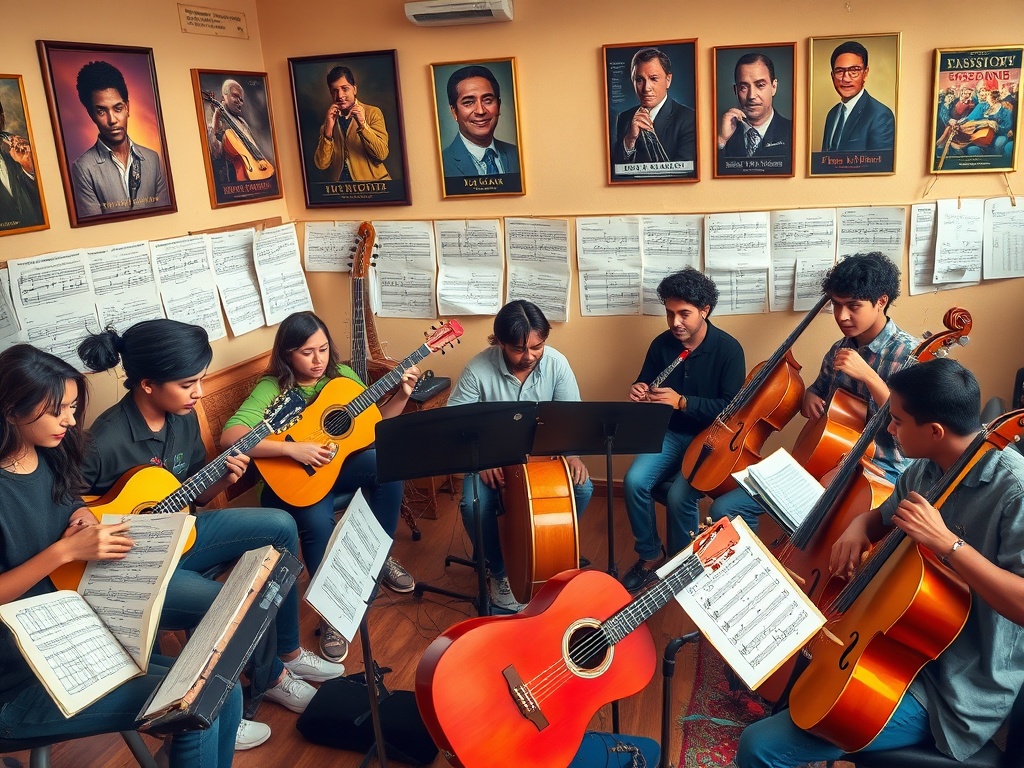 Группа музыкантов репетирует в комнате с портретами известных исполнителей и нотами на стенах.