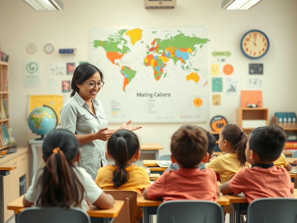 Учитель объясняет урок группе детей в классе с картой мира на стене. Дети внимательно слушают.