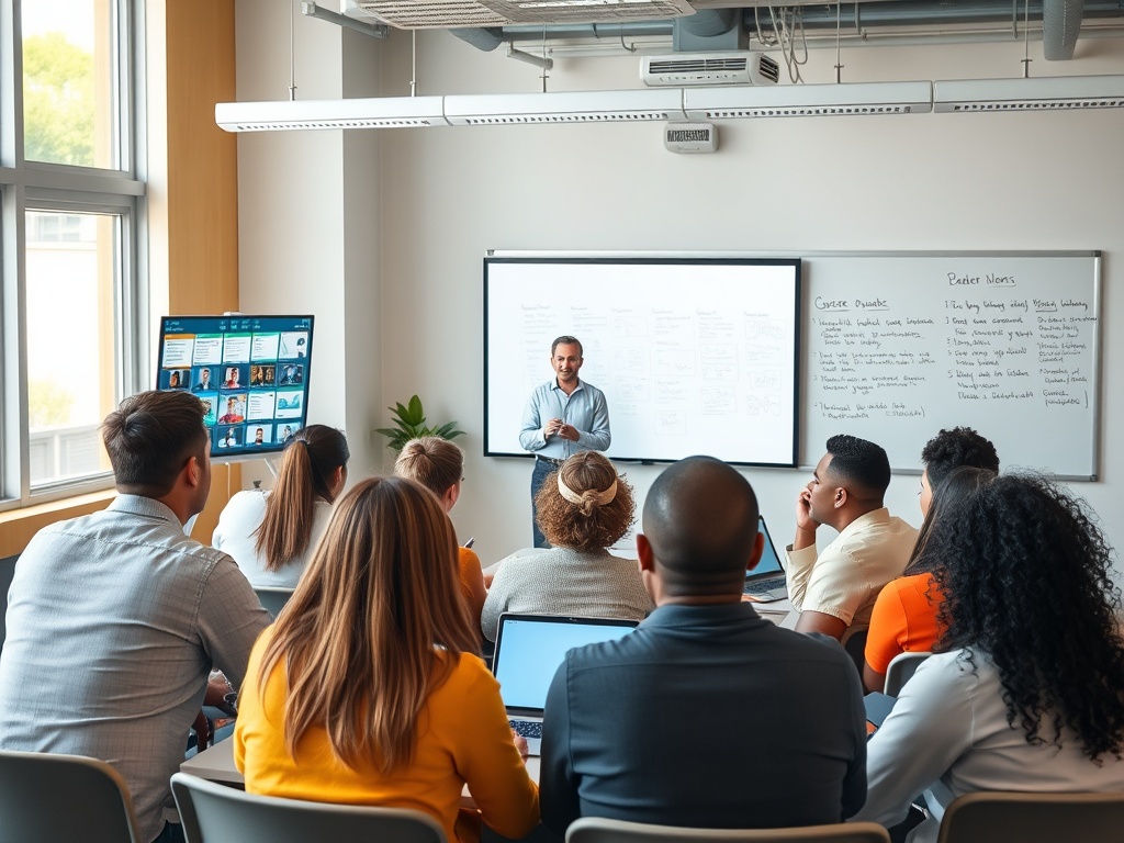 На изображении обучающийся, говорящий перед группой слушателей в классе с современным оборудованием.