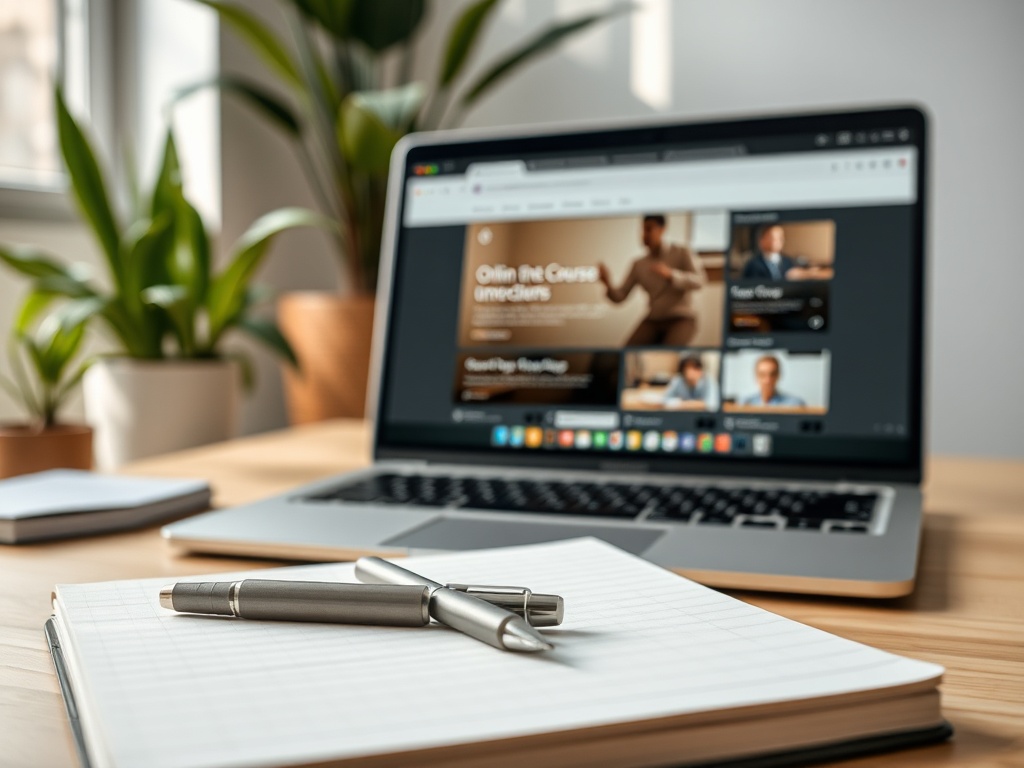 На столе лежат записная книжка и ручки, рядом открытый ноутбук с онлайн-курсами. На фоне зелёные растения.