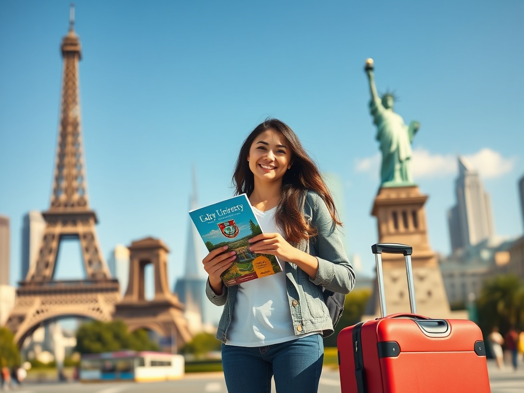 На фоне Эйфелевой башни и Статуи Свободы улыбающаяся девушка держит туристический путеводитель.