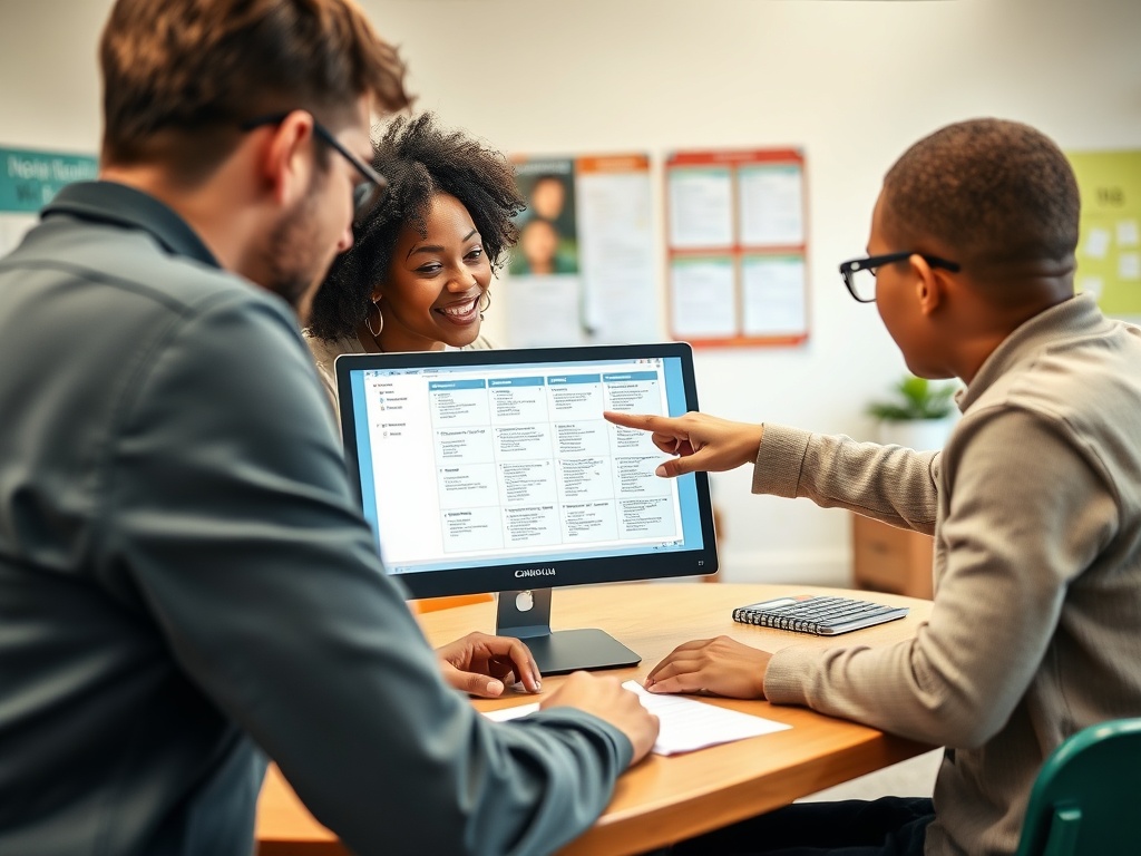 На изображении люди обсуждают информацию на компьютере, внимательно слушая друг друга и активнопомогая.