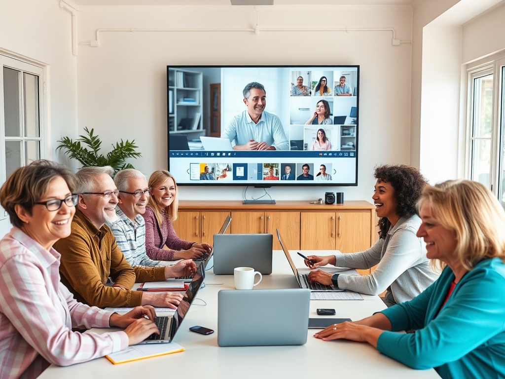 Видеоконференция: группа людей обсуждает с участниками на экране, улыбаясь и работая за лаптопами.